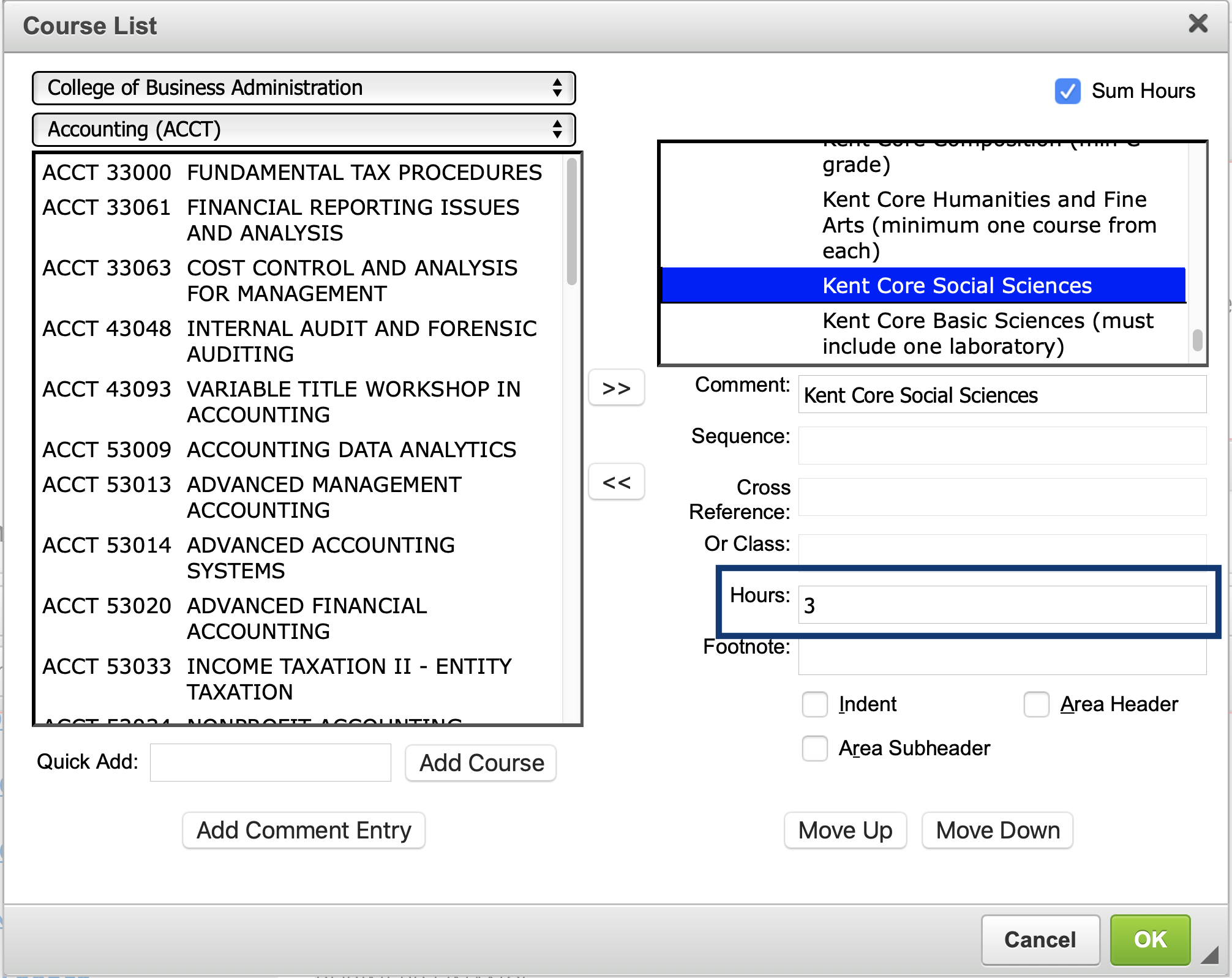 How to Add a Kent Core Requirement to a Program Requirement Table